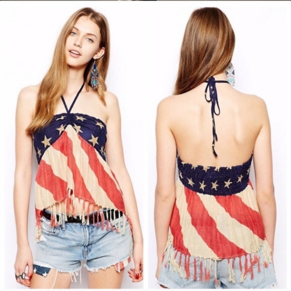Denim & Supply Ralph Lauren Navy, Red & Cream Star Stripe Halter Fringe Top
